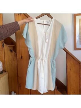She + Sky white and blue striped romper size small